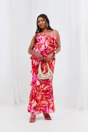Grande taille - Robe asymétrique longue fleurie à volants