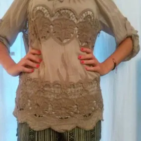Tunique manches longues en soie, coton et viscose brodé taupe